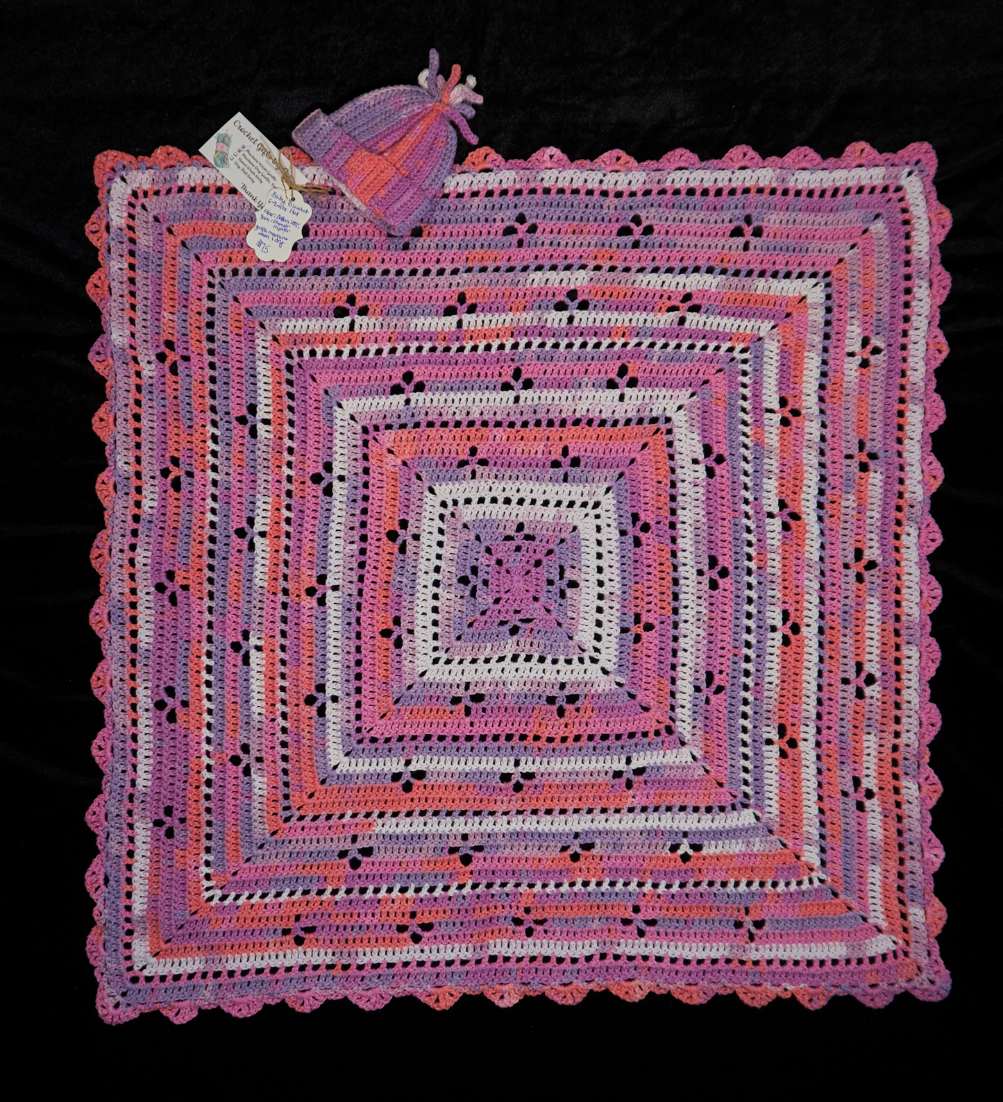 Pink and purple squares baby blanket with matching hat