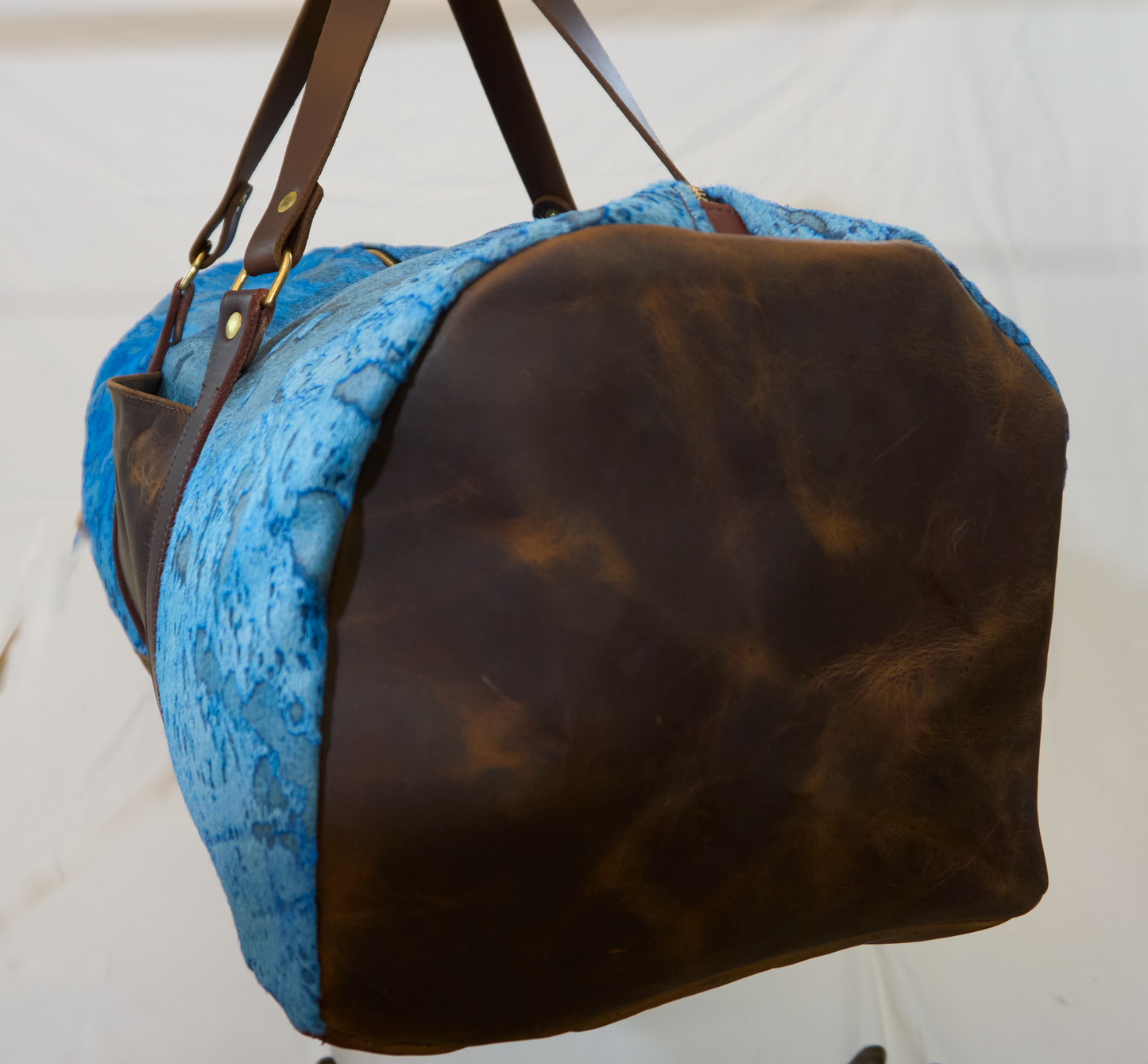 Electric blue hair-on leather duffel