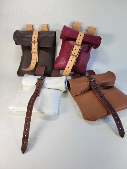 Handmade leather rolltop belt pouch with buckle closure