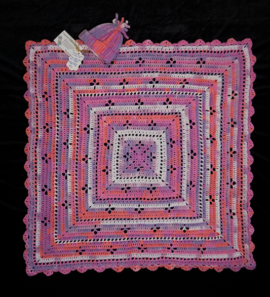 Pink and purple squares baby blanket with matching hat