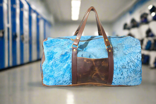 Electric blue hair-on leather duffel