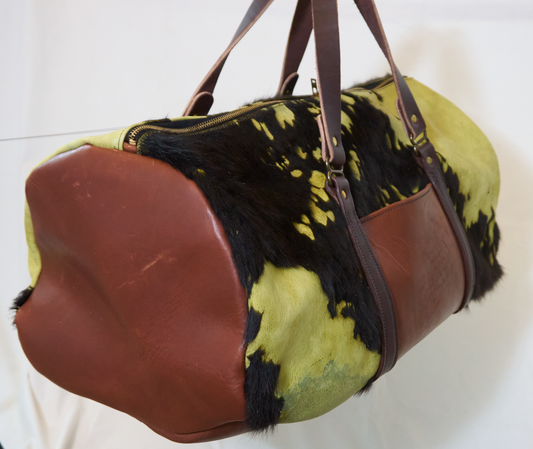 Electric green duffel made from premium hair-on acid-washed cowhide