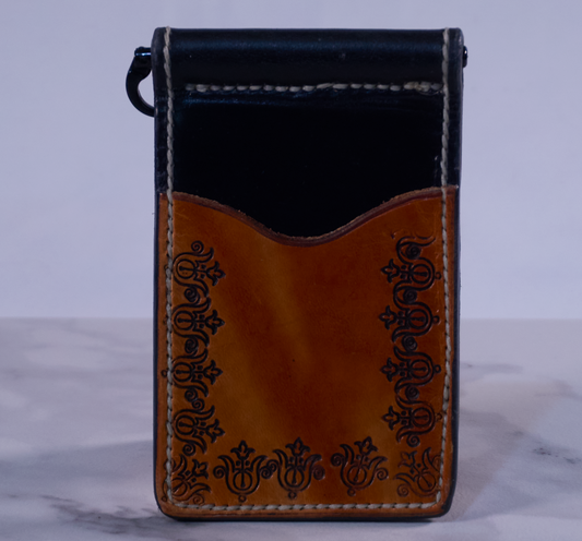 Black leather money clip with hand tooled harness leather card pockets
